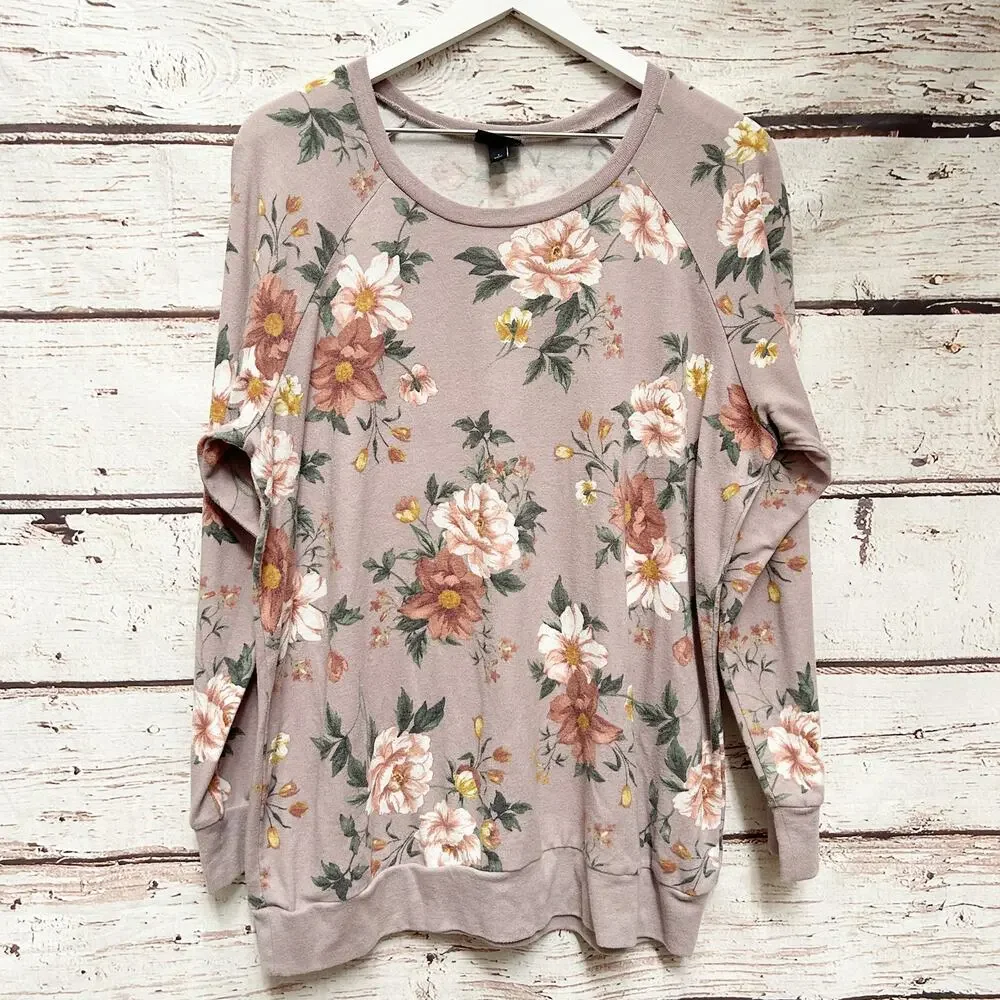 TORRID Mauve Pink Floral Print Pullover Sweatshirt Size 1 (1X)
